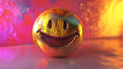 Textured metallic smiley sphere under warm colored light.