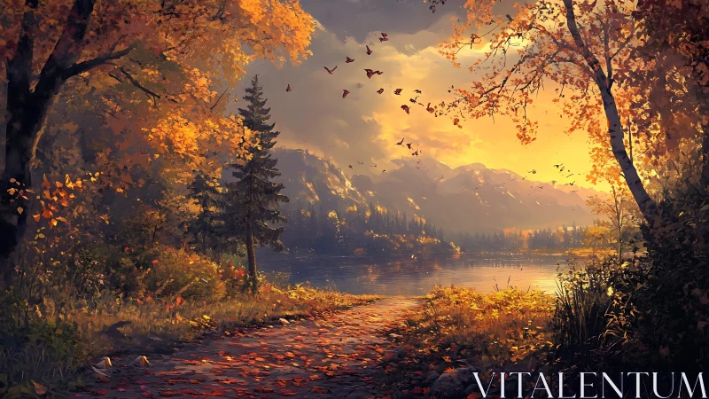 Autumn lakeside trail under golden hour backlit mountains