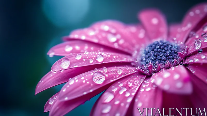 Pink daisy petals with water droplets on blurred teal background.