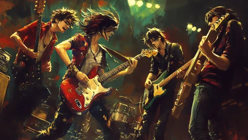 Dynamic rock band performance rendered in high-energy digital brushwork
