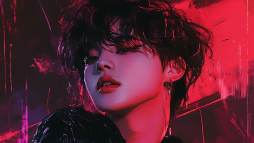 Neon-lit portrait of androgynous figure in crimson glow.