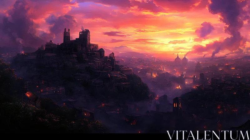 Sunset illuminates dense hilltop city with layered structures