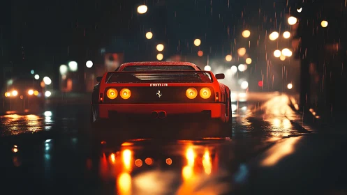 Red sports car on wet night city street with rain and lights.