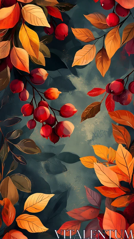 Crimson berries and ember leaves frame a twilight autumn hush.