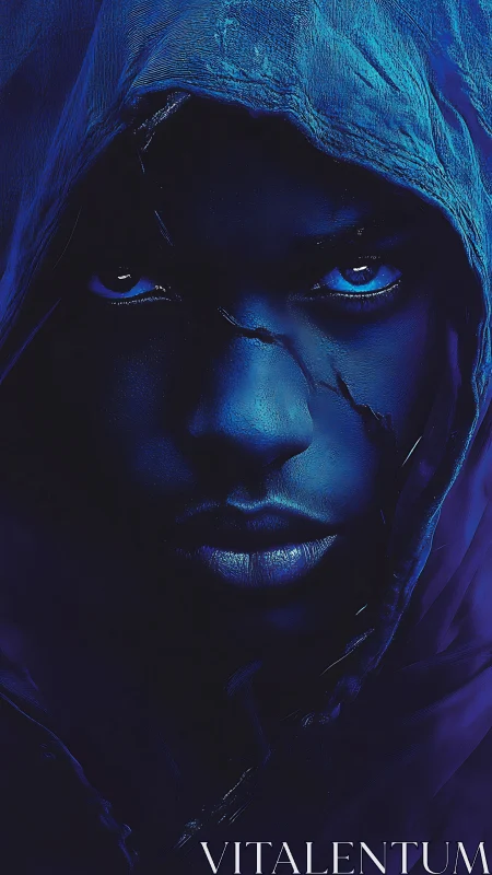 Chromatic hooded visage with fractured cerulean dermal planes.