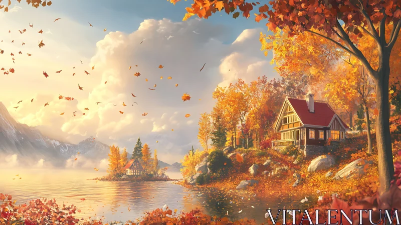 Golden autumn lakeside cabins welcome a gentle, glowing dusk
