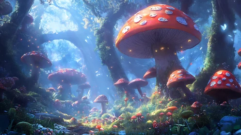 Fantasy digital painting of luminous red toadstool forest scene.