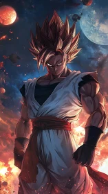 Cel shaded warrior stands against cosmic planetary backdrop