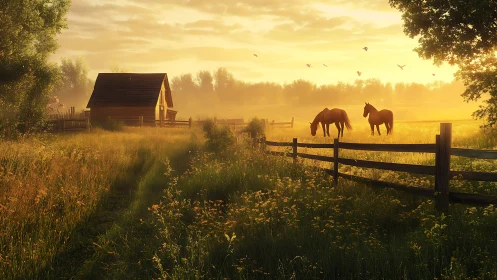 Golden sunrise warms peaceful horses in a quiet country field