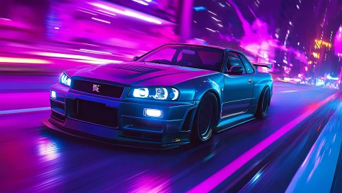 Neon blue street racer gliding through a glowing night city.