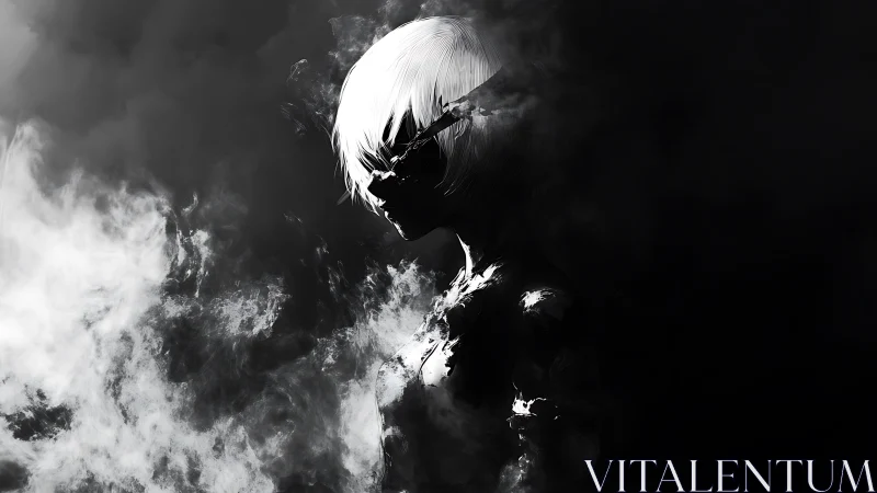 Monochrome cyber-noir android dissolves into atmospheric smoke