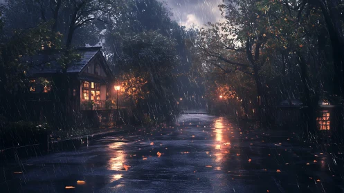 Digital painting of rainy forest lane with warm cottage lights.
