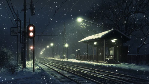Digital nocturne of snowy railway halt with moody lighting.