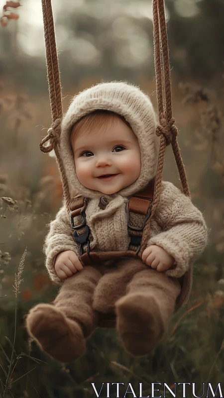 Smiling baby on rustic swing wears cozy autumn knitwear