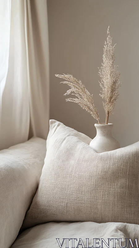 Soft neutral cushions and vase create a calm, airy corner