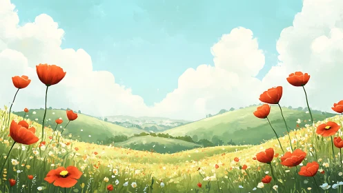 Poppy-bright hills breathe under a sky of wandering clouds