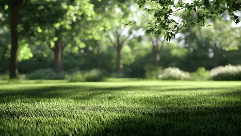 Shallow depth of field lawn scene with backlit trees and foliage