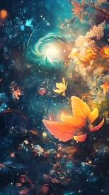 Butterflies and floral elements in luminous cosmic field.