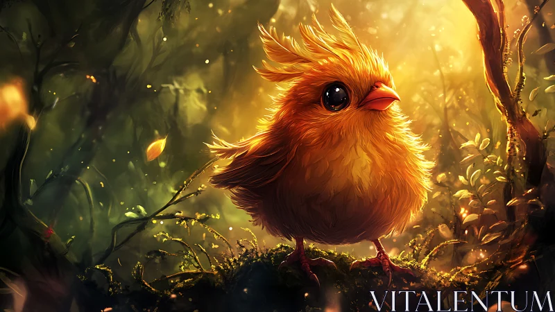 Sunlit fluffball bird exploring a glowing forest clearing.