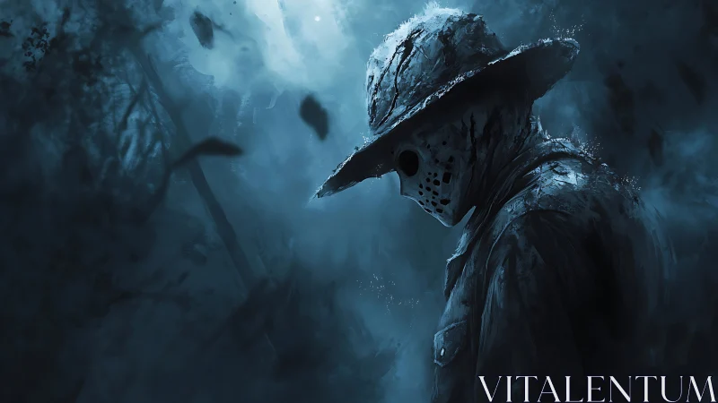 Nocturnal masked silhouette in fog-dense spectral forest.