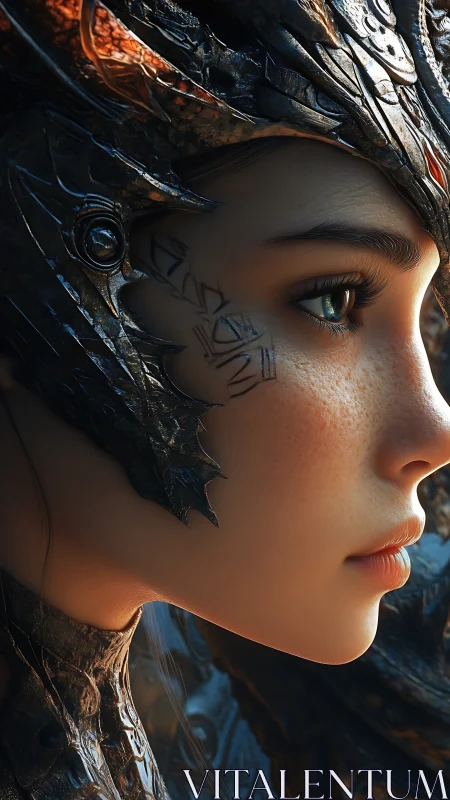 Dragon-helmed warrior maiden in molten bronze twilight focus.