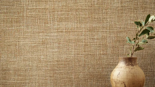 Textured fabric wall with ceramic vase and green foliage.