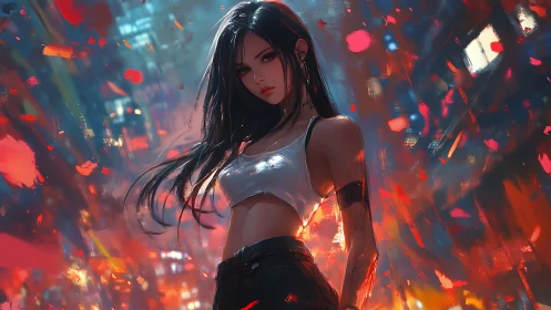 Female character in neon cityscape with dynamic red accents.