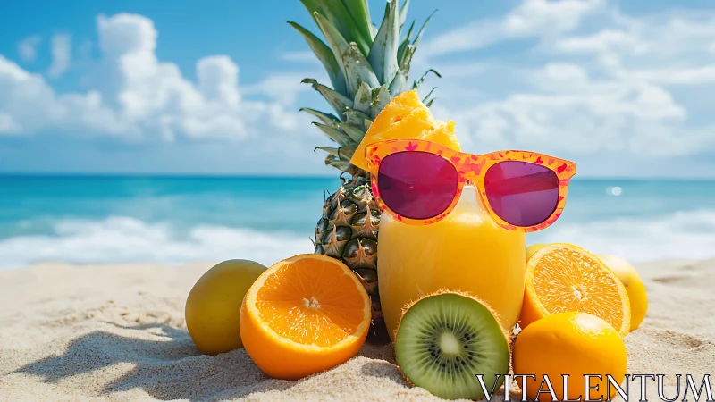 Assorted tropical fruits and juice on sandy ocean beach.