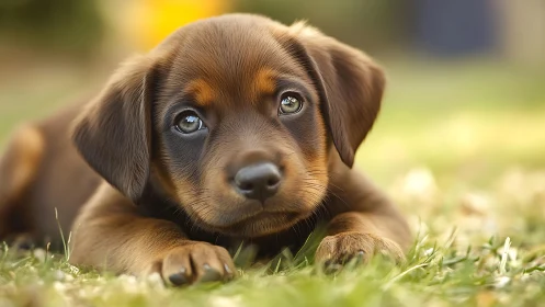 Photorealistic puppy portrait with shallow depth of field.