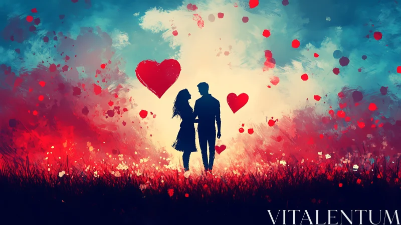 Silhouetted Couple in Luminous Heart Field.