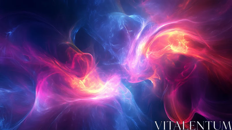 Colored plasma-like light forms intersect within a dark field