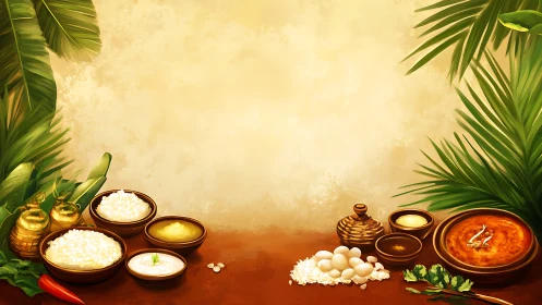 South Indian meal elements arranged around empty center space