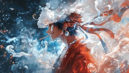 Elemental samurai profile amid swirling vapor clouds and light.