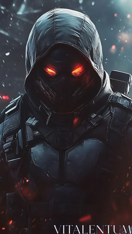 Cyberpunk hooded operative in tactical exosuit portrait.