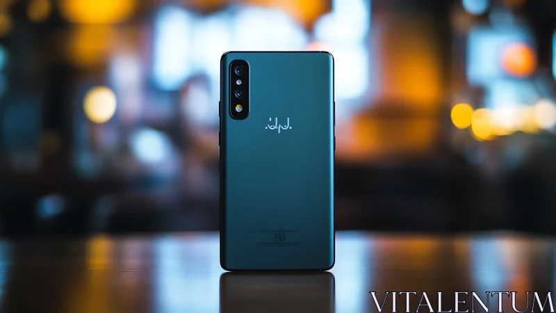 Teal Smartphone With Vertical Triple-Lens Camera Array Illuminated by Ambient Urban Bokeh