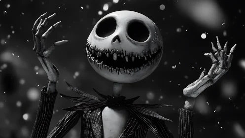 Monochrome skeletal character portrait in dramatic 3D lighting.