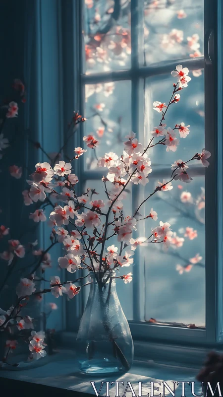 Cherry blossoms backlit by window light in glass vase.