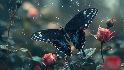 Black butterfly on roses in rainfall with soft bokeh background.