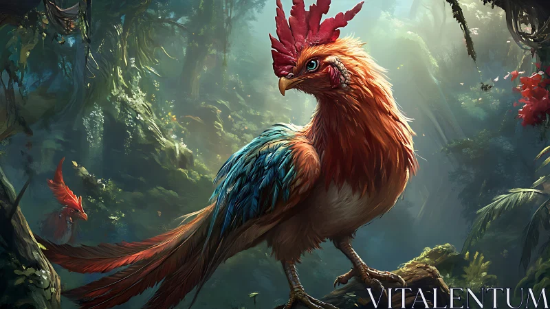Colorful forest rooster perched in glowing jungle light.