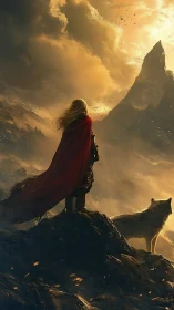 Lone cloaked wanderer and wolf face a stormlit mountain peak