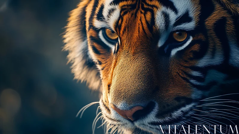 Majestic tiger face glows in dramatic close-up light.
