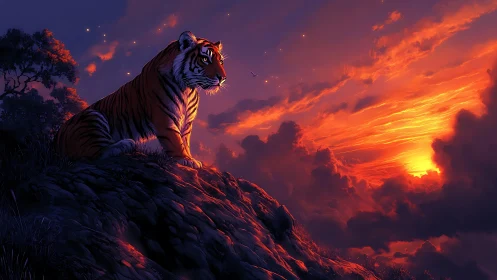Sunset guardian tiger watching over glowing clouds.
