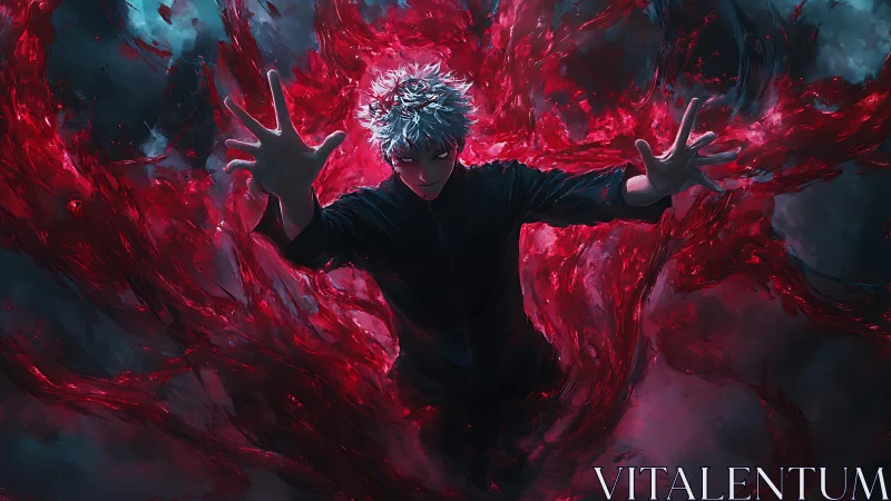 Dynamic anime sorcerer amid crimson vortex energy field.