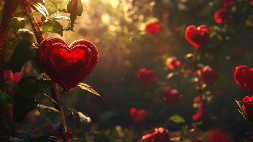 Heart-Shaped Ornaments on Branches with Warm Golden Lighting.