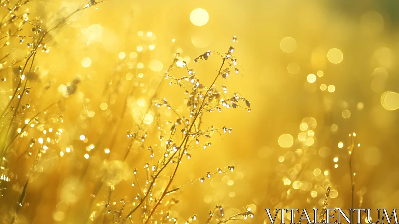 Backlit dew on meadow stems forms golden abstract field