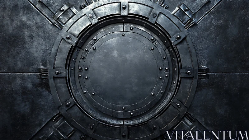 Industrial steel vault hatch with concentric riveted rings.