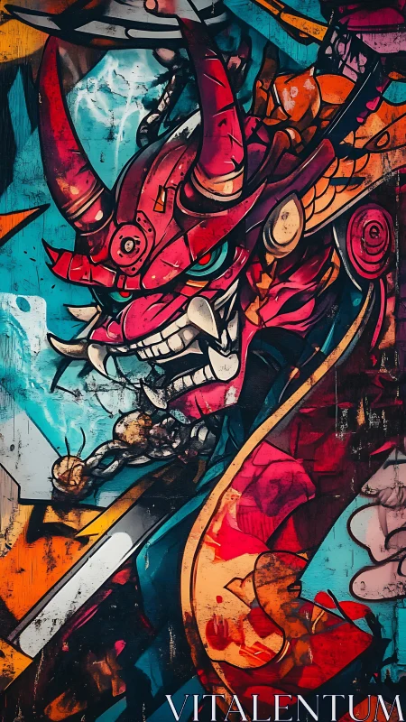 Vibrant cyber oni warrior swirling through neon chaos.