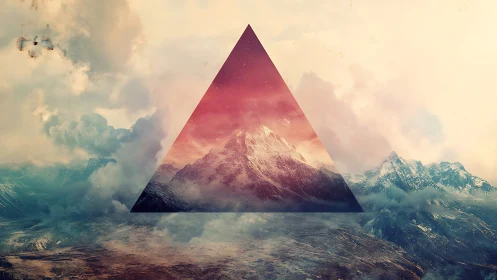 Geometric mountain vista within atmospheric triangular frame.