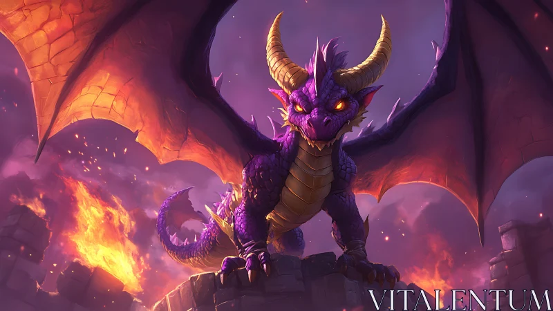 Purple dragon dominates fiery ruined battlements at dusk.