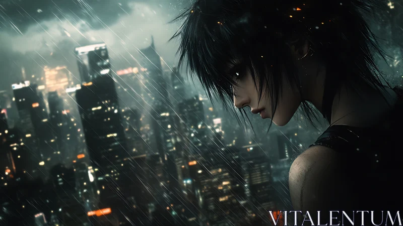 Solitary anime figure in rainy neon city at night.